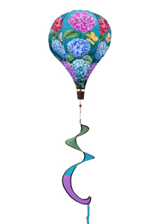 Colorful Hydrangea Hot Air Balloon Spinner with blue, pink, purple flowers and spiral tail decoration.