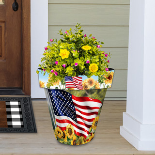 American Sunflowers Large Planter with vibrant flowers and patriotic American flag design on front porch.