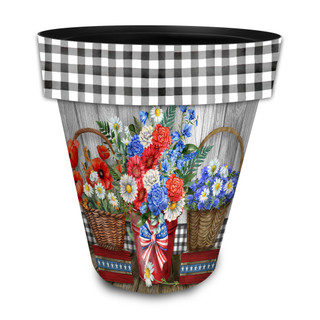 Red White and Beautiful Large Planter with black and white gingham trim and floral design.
