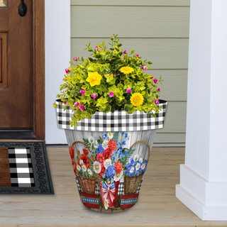 Large Red White and Beautiful planter with colorful floral design and black gingham trim and flowers.
