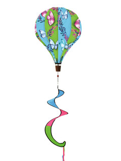 Butterflies Deluxe Hot Air Balloon Spinner, green, blue, pink butterfly design, brown basket, spiral tail.
