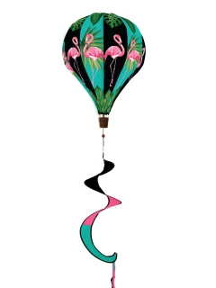 Flamingos Deluxe Hot Air Balloon Spinner with pink flamingos on a black and teal background.
