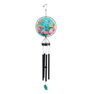 Dragonflies Illuminated Wind Chime with colorful dragonfly and floral design, black tubes, and green accent.