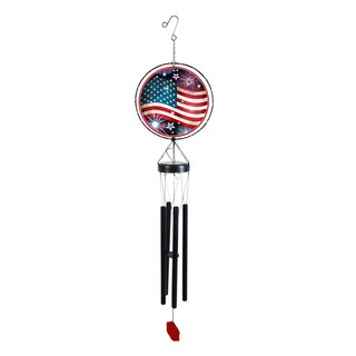 Stars and Stripes Illuminated Wind Chime with American flag design and black metal tubes and red pendant.