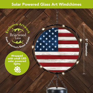 Wood American Flag Illuminated Wind Chime, 8" diameter, solar powered LED lights, wooden background.