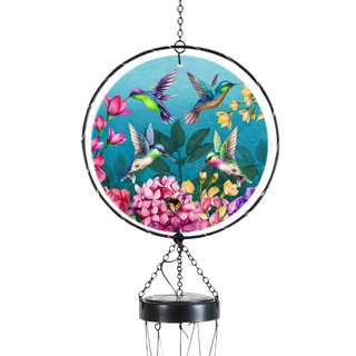 Springtime Hummingbirds Illuminated Wind Chime with colorful hummingbirds, flowers, and leaves on a blue background.
