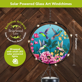 Springtime Hummingbirds Illuminated Wind Chime 8" diameter solar powered glass art with hummingbirds and flowers.