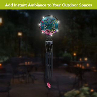 Springtime Hummingbirds Illuminated Wind Chime with colorful hummingbirds and flowers, glowing lights, black metal tubes.