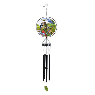 Country Birds Illuminated Wind Chime with colorful bird design, black tubes, and leaf accent hanging ornament.