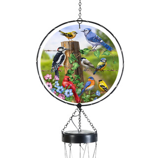 Country Birds Illuminated Wind Chime with colorful bird design, metal frame, and hanging solar light.