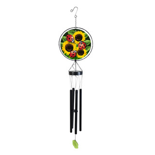 Ladybugs and Sunflowers Illuminated Wind Chime with black tubes and metal hook and sunflower design.
