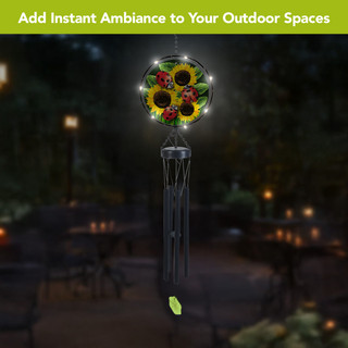 Ladybugs and Sunflowers Illuminated Wind Chime with solar lights and metal tubes outdoor decor.