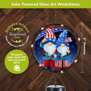 Patriotic Gnomes Illuminated Wind Chime, solar powered glass art with LED lights, 8 inch diameter.