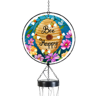 Happy Beehive Illuminated Wind Chime with colorful floral design and bee theme, black metal frame.