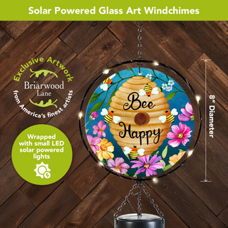 Happy Beehive Illuminated Wind Chime, solar powered glass art with LED lights, colorful floral design.