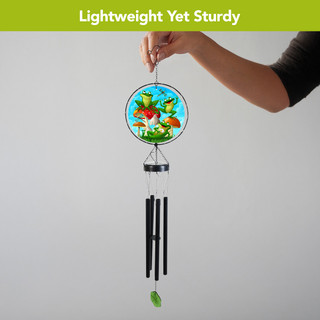 Happy Frogs Illuminated Wind Chime with colorful frogs and black tubes, leaf detail, stained glass design.