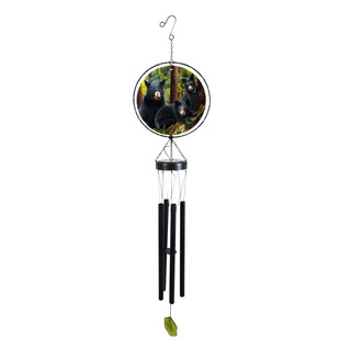 Black Bear Family Illuminated Wind Chime with black tubes and leaf, featuring bear family design.