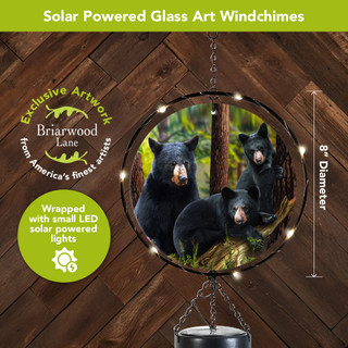 Black bear family illuminated wind chime with solar powered lights, 8 inch diameter glass art.