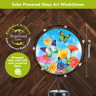 Welcome Butterflies Illuminated Wind Chime, solar powered LED lights, colorful butterflies, flowers, 8-inch diameter glass art.