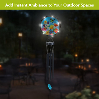 Welcome Butterflies Illuminated Wind Chime with colorful butterfly design and solar lights outdoor decor.