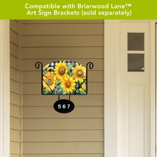 Metal Art Sign Hanging Address Marker with sunflowers and house number 567, black frame.