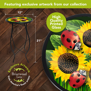 Ladybugs and Sunflowers Plant Stand with high-quality printed glass top and black metal legs displayed.