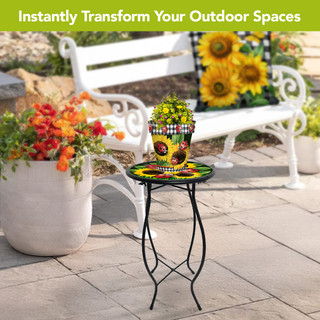 Ladybugs and Sunflowers Plant Stand with black metal frame and colorful ceramic top and pot.