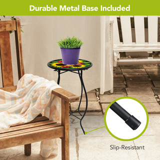 Ladybugs and Sunflowers Plant Stand with durable metal base and slip-resistant feet on patio setting.