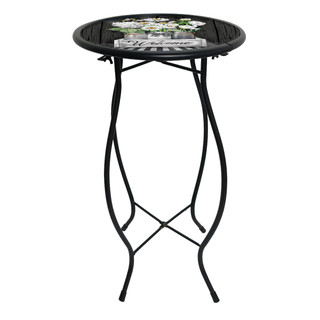 Black Crated Mason Jars Plant Stand with round tabletop and curved metal legs on white background.