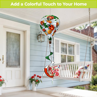 Ladybugs and Daisies hot air balloon spinner with floral design and ladybugs hanging from a porch.