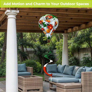 Ladybugs and Daisies Hot Air Balloon Spinner outdoor decor with colorful ladybugs and white daisies.