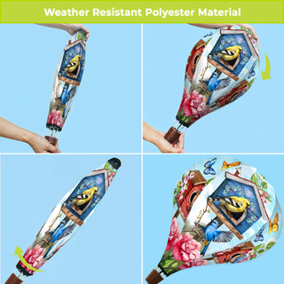 Floral Birdhouse Hot Air Balloon Spinner, colorful polyester spinner with bird, floral design, brown base.