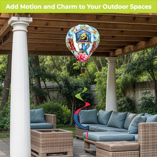 Floral Birdhouse Hot Air Balloon Spinner outdoors under a pergola with patio furniture.