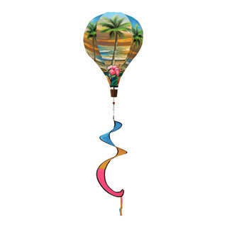 Sunset in Paradise hot air balloon spinner with tropical print and colorful spiral tail decoration.