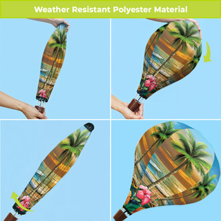 Sunset in Paradise hot air balloon spinner in polyester, palm trees, pink flowers, tropical design.