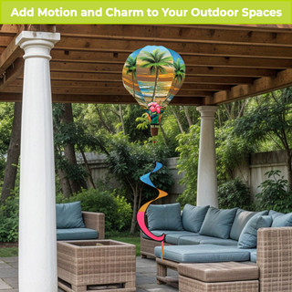 Sunset in Paradise hot air balloon spinner, colorful tropical design, rotating outdoor patio decoration.