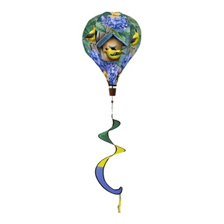 Goldfinches and Hydrangeas hot air balloon spinner with blue, green, and yellow bird and flower design.