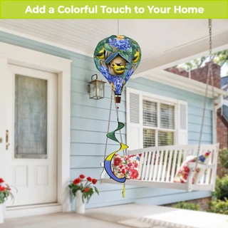 Goldfinches and Hydrangeas hot air balloon spinner with colorful birds and flowers on a porch swing.