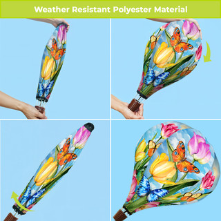 Sunshine Butterflies Hot Air Balloon Spinner, colorful tulips, butterflies, blue background, weather resistant polyester material shown.