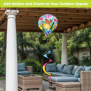 Sunshine Butterflies Hot Air Balloon Spinner outdoor decoration with colorful butterflies and flowers design.