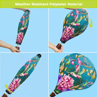 Springtime Hummingbirds Hot Air Balloon Spinner, teal with pink flowers and hummingbirds, polyester material.