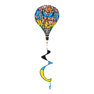 Checkered butterflies hot air balloon spinner with colorful butterflies and black, yellow, blue spiral tail.
