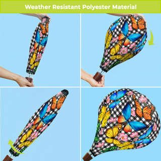 Checkered butterflies hot air balloon spinner in various views, colorful butterflies and flowers on polyester material.