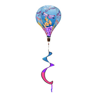 Dragonflies Hot Air Balloon Spinner, blue hot air balloon with dragonflies and colorful spiral tail.
