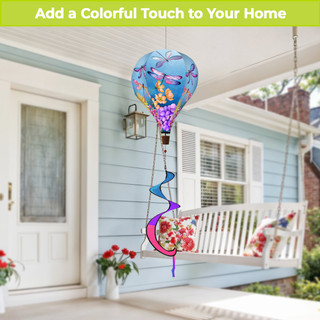 Dragonflies Hot Air Balloon Spinner, colorful blue hot air balloon with dragonflies, hanging decorative spinner outdoors.