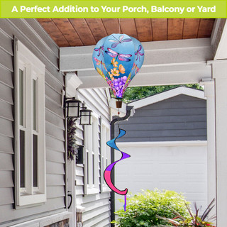 Dragonflies Hot Air Balloon Spinner outdoor decoration with colorful dragonflies and purple, pink accents.