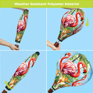 Flamingo Pair Hot Air Balloon Spinner, pink flamingos, weather resistant polyester, tropical design, colorful outdoor spinner.