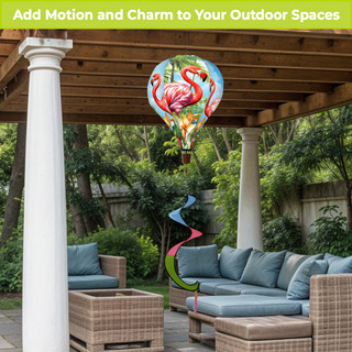 Flamingo Pair Hot Air Balloon Spinner outdoor patio decoration with colorful flamingos and greenery background.