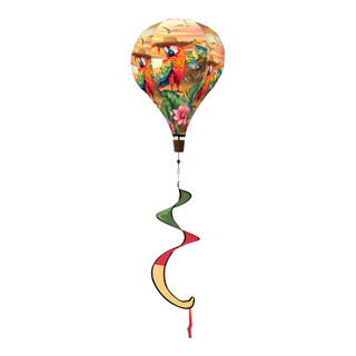 Sunset Parrot Hot Air Balloon Spinner with colorful parrots and green, red, and yellow tail.