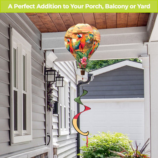 Sunset Parrot Hot Air Balloon Spinner outdoor decoration with colorful parrot and rainbow tail.